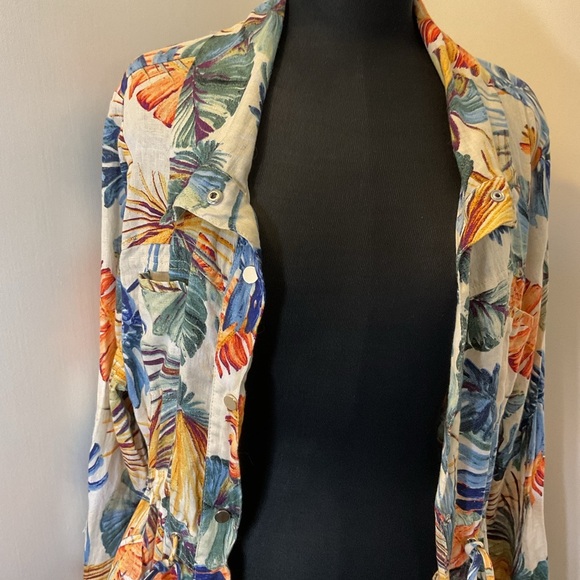 6. Chico's Palm-Print Linen Utility Jacket Sz 3P US 16/18 Multicolor Pockets - Picture 4 of 11